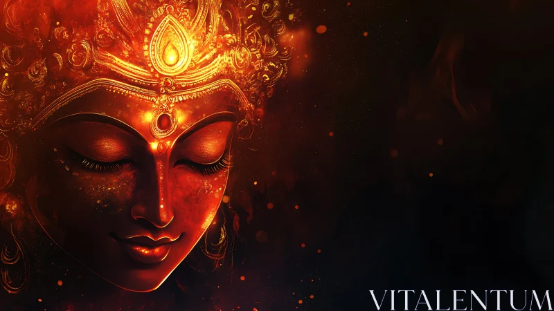 Luminous fiery goddess visage with ornate jeweled diadem glow