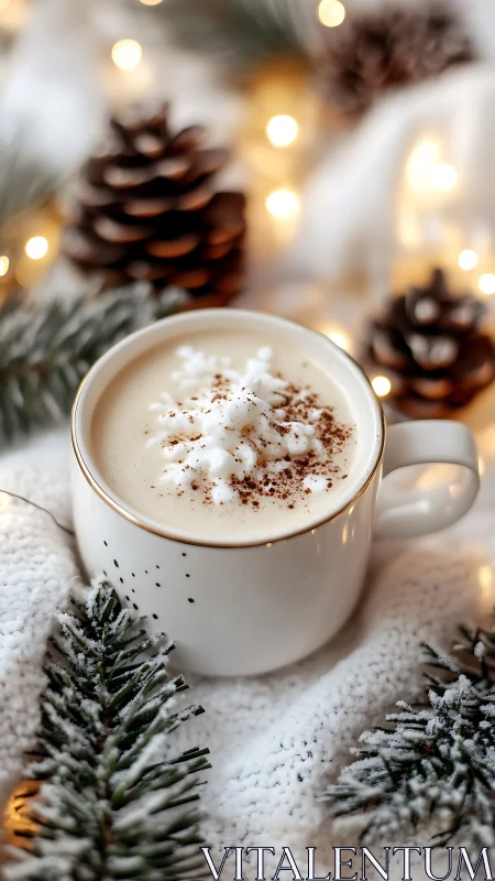Cozy winter latte with snowflake foam and soft twinkle lights.