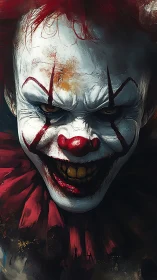 Sinister clown portrait with cracked paint and sharp grin.