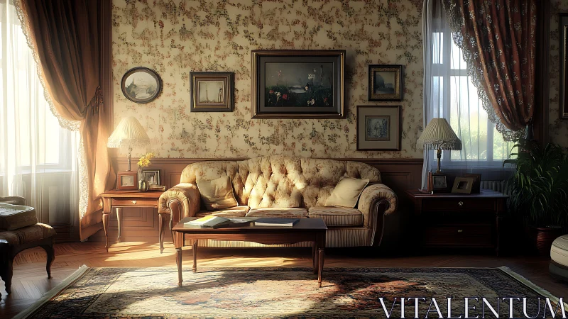 Vintage sitting room glows with warm afternoon sunlight.