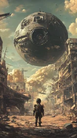 Orbital war sphere above child explorer in ruined cityscape.