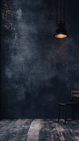 Industrial pendant light over worn wooden floor and chair.