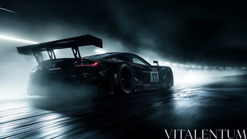 Night race hypercar accelerates through misty illuminated tunnel