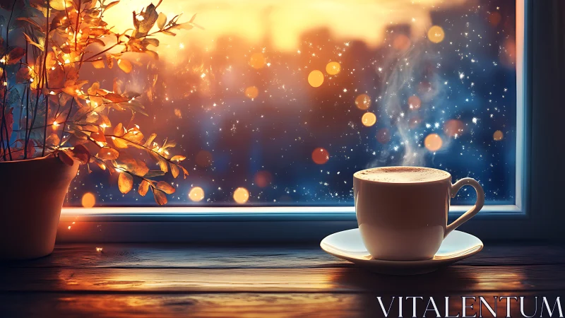 Cozy window coffee under twinkling evening lights.