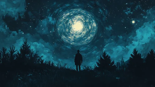 Digital painting of lone figure beneath swirling night sky.