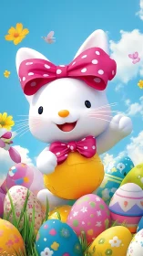 Cartoon cat character stands among decorated Easter eggs