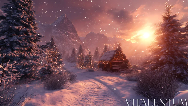 Cozy cabin glow in a snowlit mountain sunset hush.