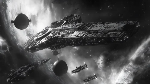 Massive star cruiser glides through a storm of silent worlds