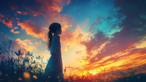 Girl in twilight meadow gazes into a glowing painted sky.