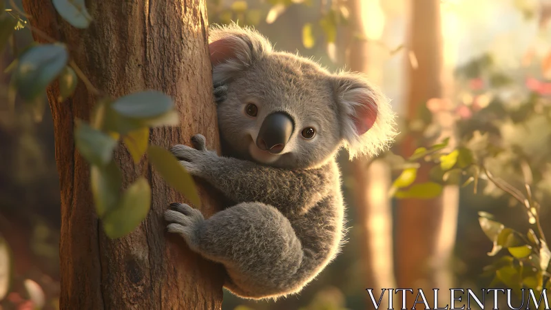 Koala rendered in soft light, clinging to tree trunk.