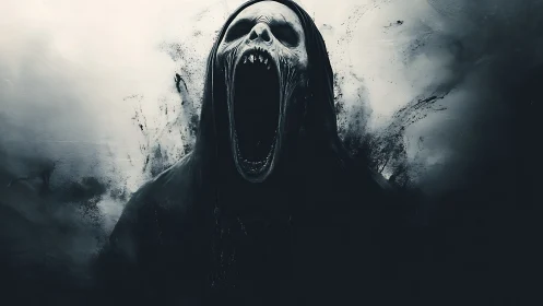 Spectral wraith silhouette with gaping maw in desaturated fog.
