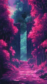 Neon Pixel Canyon: Magenta Digital Architecture in Cyberpunk Landscape.