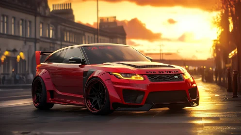 Crimson street predator prowling under molten sunset glow.