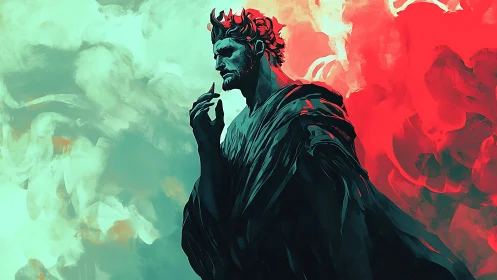 Regal stone figure amid teal and crimson atmospheric clouds.