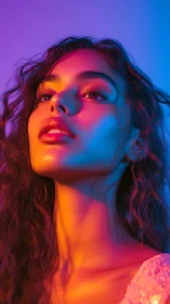 Female portrait under multicolor gradient studio lighting.