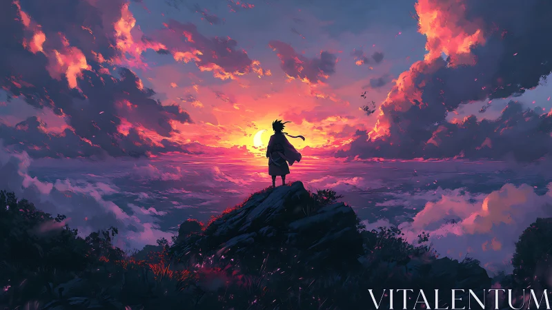 Lone figure on cliff watching vivid pink and orange sunset.