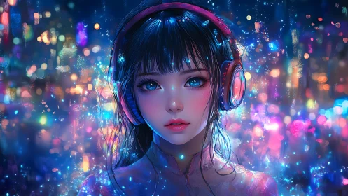 Neon city headphones girl gazes through luminous bokeh haze