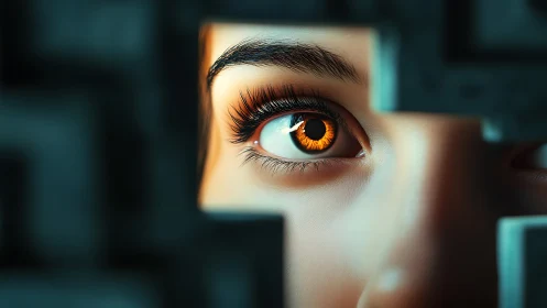 Iris close-up framed by geometric aperture in teal bokeh field.