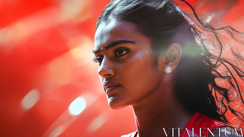 Photorealistic runner portrait with dynamic red bokeh field.