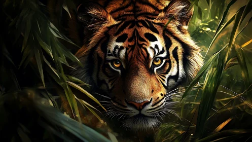Predatory tiger stares through dense jungle foliage at viewer