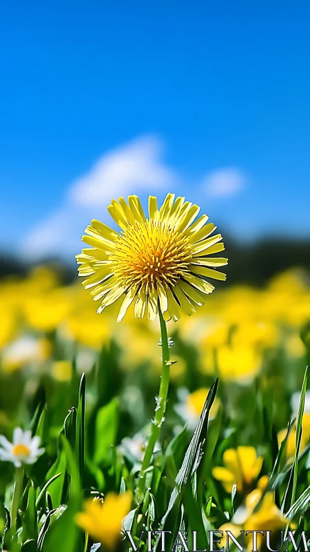 Single yellow dandelion in sharp focus within meadow field.