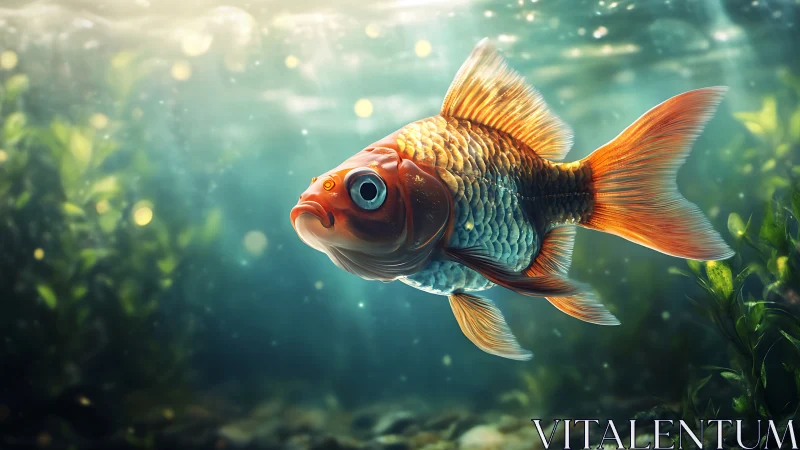 Radiant goldfish glides through a tranquil, glowing aquarium