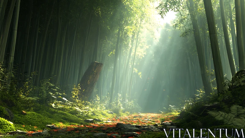 Bamboo Forest Cathedral: Ethereal Volumetric Light Penetration Through Dense Canopy.