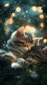 Sleeping tabby cat rendered with bokeh lighting and foliage