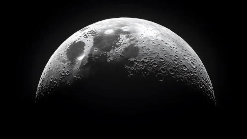 Lunar crescent close-up with detailed crater topography.