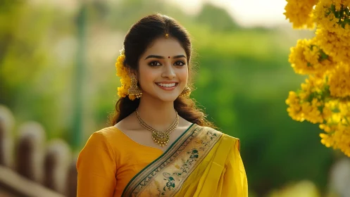 Smiling woman in yellow sari with floral jewelry outdoors at dusk