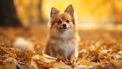 Fluffy autumn fox-dog basking in a golden leaf kingdom.