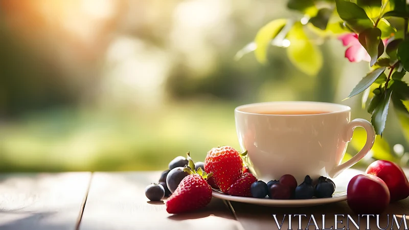 Morning sunlight toasts berries and tea in quiet garden hush