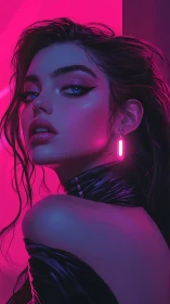 Neon siren poised in magenta dusk, eyes lit with quiet fire.
