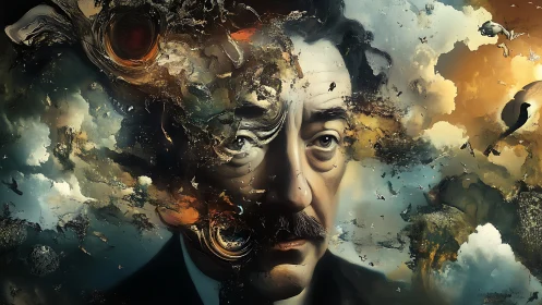 Surreal male portrait dissolving into swirling cloudy chaos