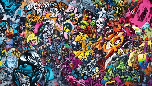 Dense multilayer graffiti collage integrates skull motifs and neon chromatic drips