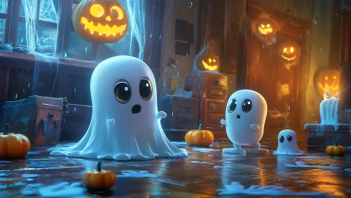 Cartoon ghosts stand on wet floor in pumpkin lit room