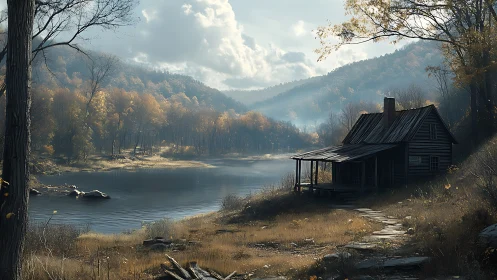 Cabin dreams linger beside a misty autumn mountain lake.