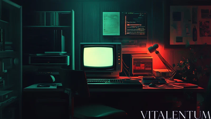 Retro cyber workstation under duotone teal and red lighting.