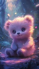 Luminous pastel teddy bear in enchanted twilight forest scene.
