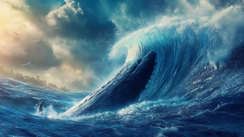 Massive whale breaches amid towering storm wave at sea.