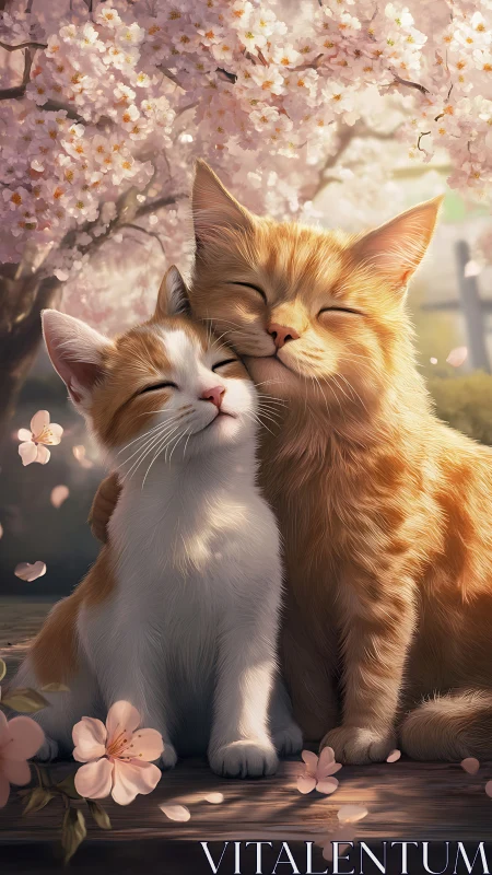 Two Cats in Bloom: Digital Portrait with Cherry Blossoms.