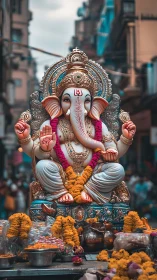 Urban Ganesha radiates marigold devotion in bustling streets.
