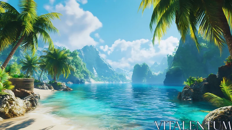 Tropical lagoon sanctuary framed by limestone karst formations and palm canopy