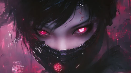 Cyberpunk masked girl with neon eyes in dark cityscape.