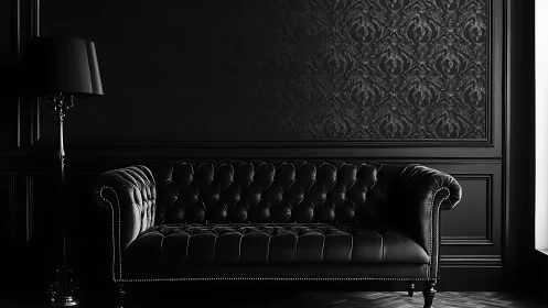 Monochrome tufted leather sofa in neoclassical dark interior design.