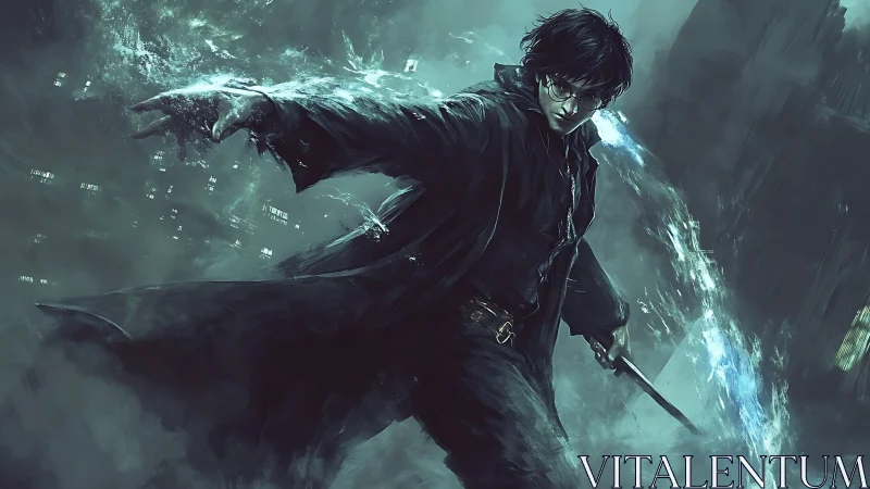 Dynamic urban sorcerer unleashes arcing blue energy stream