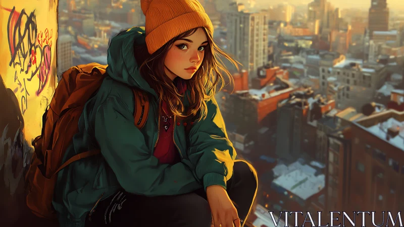 Young person on rooftop ledge above winter city skyline.