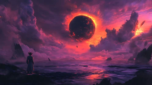 Crimson eclipse crowns a lone wanderer at the cosmic shore