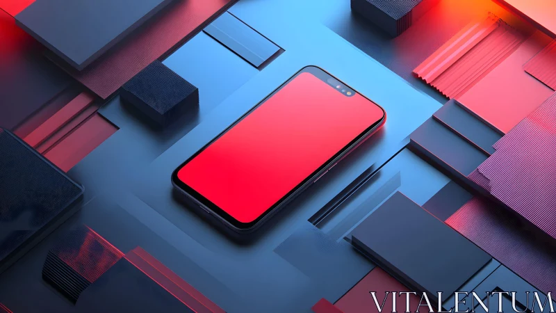 Modern smartphone on abstract geometric surface, digital art style.