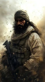 Storm-eyed desert marksman wrapped in dust and resolve.